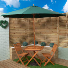Outdoor 2 Person Folding Square Wooden Garden Dining Table Chairs Green Parasol and Base Set