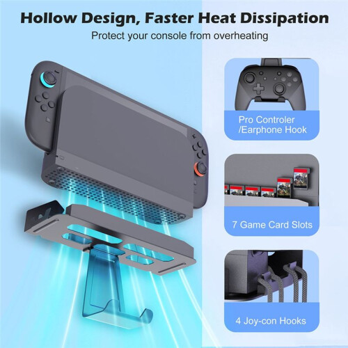 Wall-Mounted Metal Stand for Switch2//OLED - Pro Controller Compatible Game Card Slots Space-Saving Gaming Stand 2