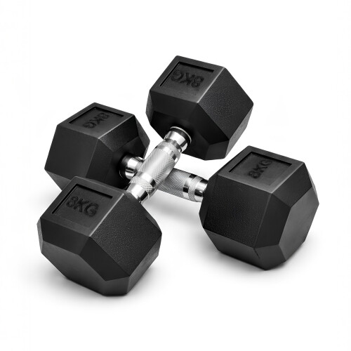 KAYMAN Rubber Hex Dumbbell Weights Pair, Solid Cast Iron Core with Rubber Coating, Anti-Roll Non-Slip Knurled Handle, 8KG