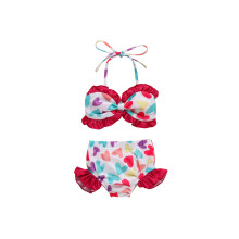 (18-24 Months, Red White 2Pcs) Sister Matching Swimwear, Heart Print Bowknot One-Piece Bikini/Halter Crop Tops and Ruffles Shorts Swimsuit Set