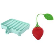 Strawberry Design Silicone Tea Infuser Strainer - Red and Green with Sponge Holder Storage Rack Drain Soap Box