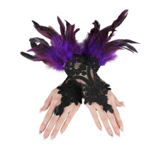 Gants en Dentelle et Plumes, Bracelets Ailes de Cygne, Accessoires de Costume D'Ange Sorcière Violet