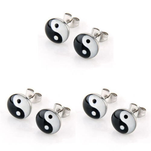 3 PAIR Round Pin Symbol Yin and Yang 10mm Earrings