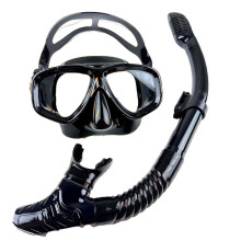 Dual Lens Snorkeling Mask with Breathing Tube, Adult 18+ Years Silicone Skirt Scuba Diving Goggles Set Black