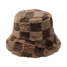Chapeau Bob à Carreaux en Peluche RéGlable, Chapeau de PêCheur Chaud en Fourrure pour Hommes et Femmes pour L'Hiver et le Printemps-Marron