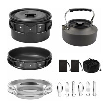Lightweight Camping Cookware Set with 1.1L Kettle, Non-Stick Pots, Green