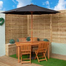 Outdoor 4 Person Rectangular Wooden Garden Dining Table Chairs with Black Parasol and Base Set
