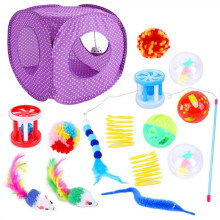 Cat-Toys 15PC Toys Set Interactive Cat-Toys for Indoor Cat-with Collapsible Cat-Tent Tunnel Interactive Cat-Feather ToyB