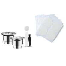 Refillable Coffee Capsules Stainless Steel Reusable Coffee Pods for Coffee Machines (2 Cups + 100 Lids)