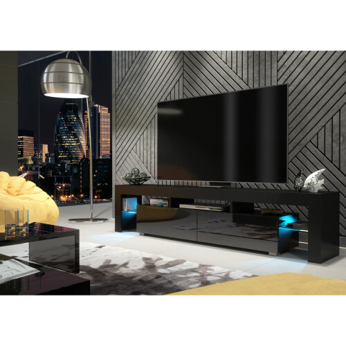 TV Unit Nova 200cm - Black with Gloss Doors and LED Lights 1