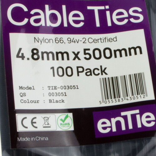 enTie Black Cable Ties 4.8mm x 500mm Nylon 66 UL Approved [100 Pack] 1