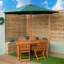 Outdoor 4 Person Rectangular Wooden Garden Patio Dining Table Chairs with Green Parasol and Base Set