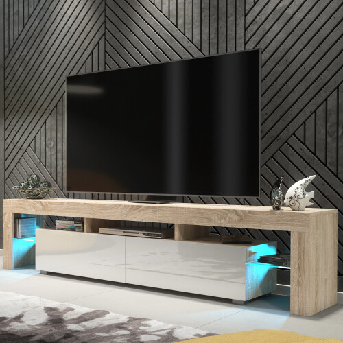 TV Unit Nova 200cm - Oak & White Gloss Doors and LED Lights