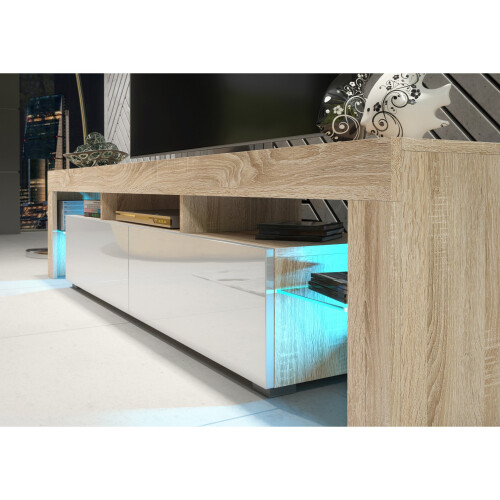 TV Unit Nova 200cm - Oak & White Gloss Doors and LED Lights 2
