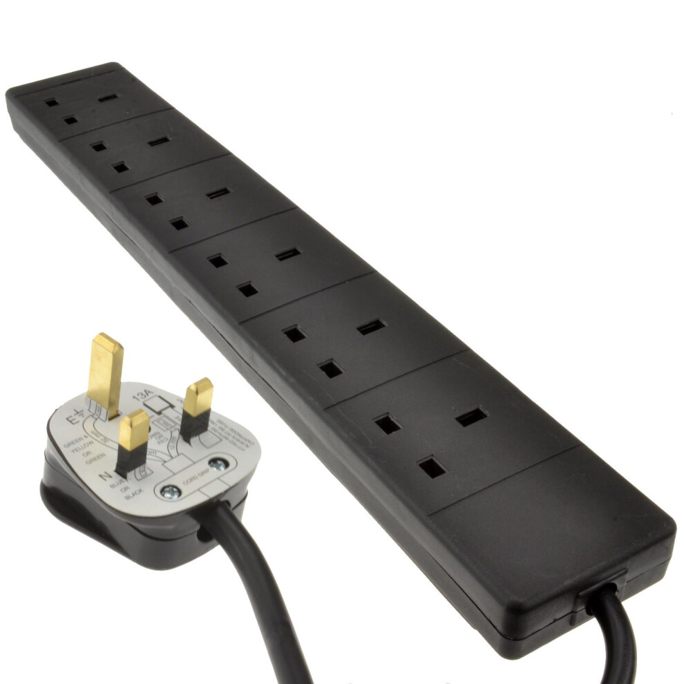 Kenable 6 Gang Way Uk Trailing Socket Mains Power Extension Lead 5M Black