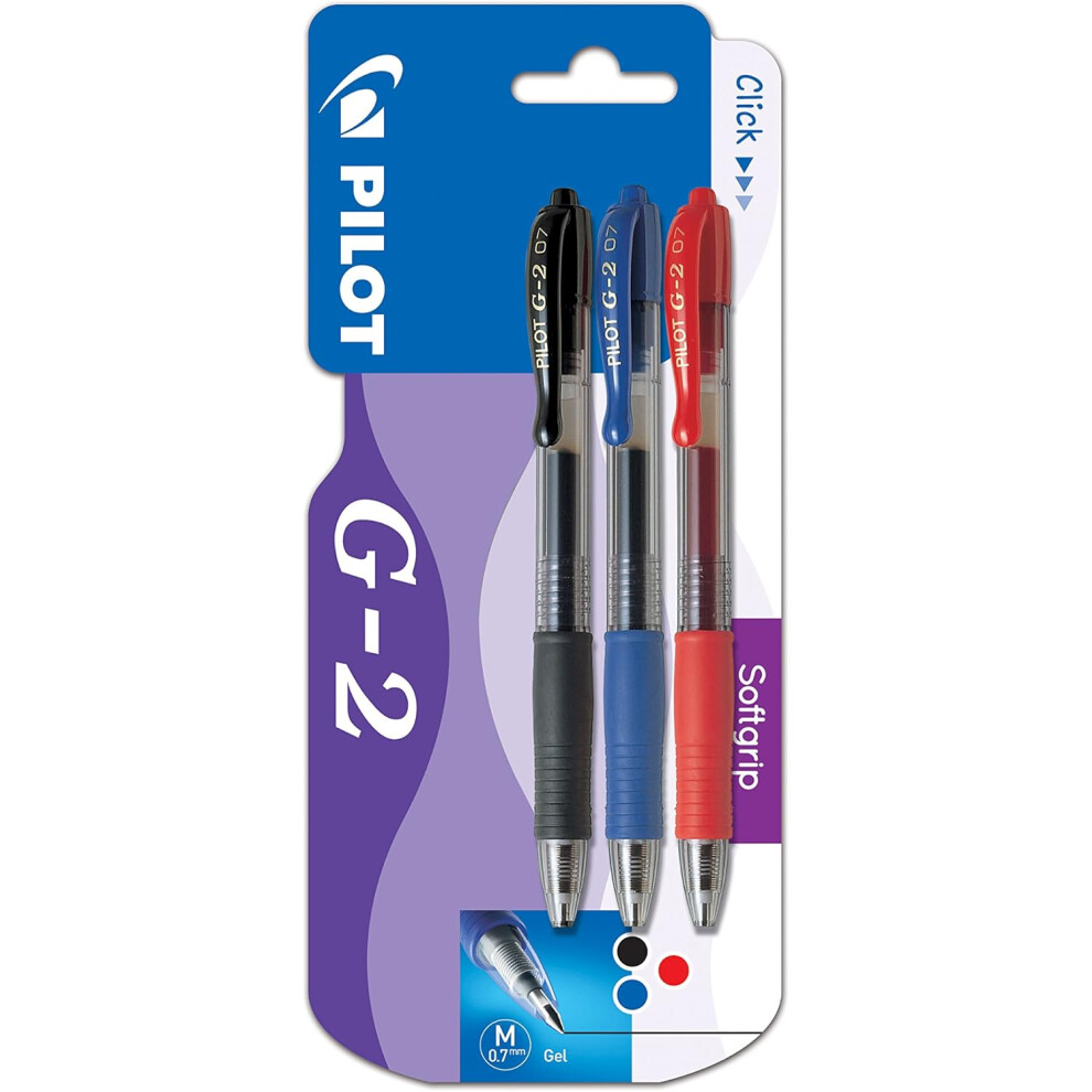 Pilot G2 Rollerball Pen 0.7Mm Pack Of 3 Black, Blue, Red