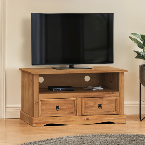 Mercers Furniture Corona TV Unit Flat Screen Wide Stand 2 Drawer Solid Pine Furniture