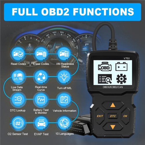OBD2 Scanner V750 Car Diagnostic Tool - Multi-Language Battery Tester & Engine Code Reader Engine System Code Reader 1