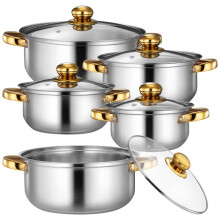 (Gold) 5pcs Stainless Steel Cookware Set with Glass Lids for Induction