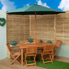 Outdoor 6 Person Rectangular Wooden Garden Patio Dining Table Chairs with Green Parasol and Base Set