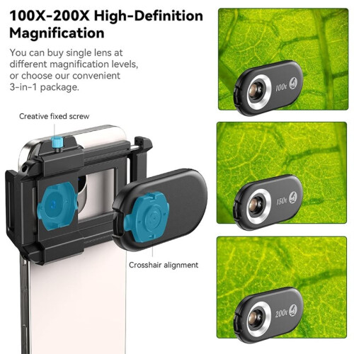 3-in-1 Phone Microscope Lens 100X/150X/200X with LED Light for Android/for 2