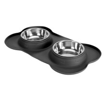 Double Stainless Steel Pet Bowls with TPR Base, Black, M