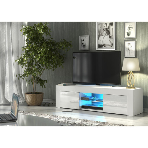 TV Unit Loom 130cm - White with Gloss Doors and LED Lights 1