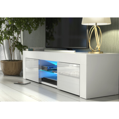 TV Unit Loom 130cm - White with Gloss Doors and LED Lights 2