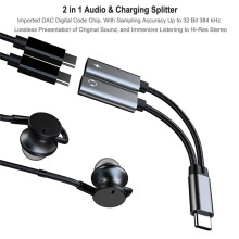 USB C Splitter, Dual USB C Headphone and Charger Adapter 32 Bit/60W Fast Charging Compatible with Most Smartphones Black