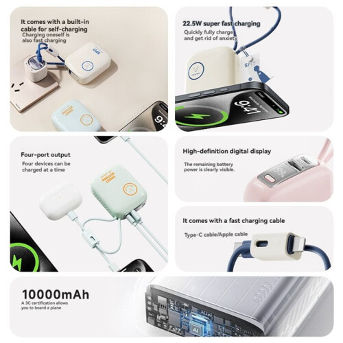 10000mAh Portable Charger Built-in Cables Multi-Device Fast Charging Battery Level Display Portable  Charger C 2