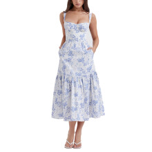 Rochie de vară casual pentru femei, fără mâneci, cu imprimeu floral, cu bretele reglabile, talie smockată, cu volane, tiv lejer, ușoară,