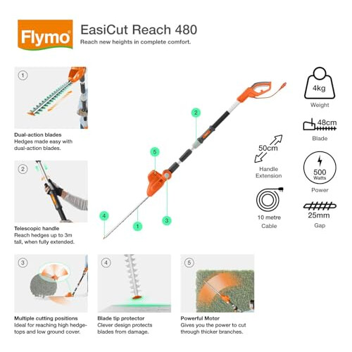 Flymo Flymo EasiCut Reach 480 Electric Hedge Trimmer, Orange 1