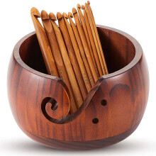 Wooden Yarn Bowl,Wood Yarn Storage Bowl with 12Pcs Bamboo Crochet Hooks for Crocheting Knitting DIY Crafts Tools 2
