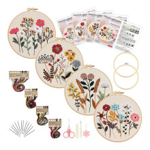 Flower Embroidery Kit for Beginners with Pattern and Instructions,4 Pack Needlepoint Kits,2 Wooden Embroidery Hoops