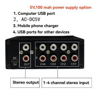 4-in-1 Stereo Audio Switcher Supports Volume Adjustment Treble and Bass Adjustment and Sound Effect Settings