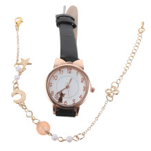 2Sets Schwarzes Damen-Quarzuhr-Set Mit Stern- -Armband Leder