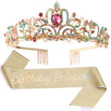 Birthday Girl Tiara Crown Princess Crown with Birthday Sash for Women Happy Birthday Party Supplies Multicolor+Gold