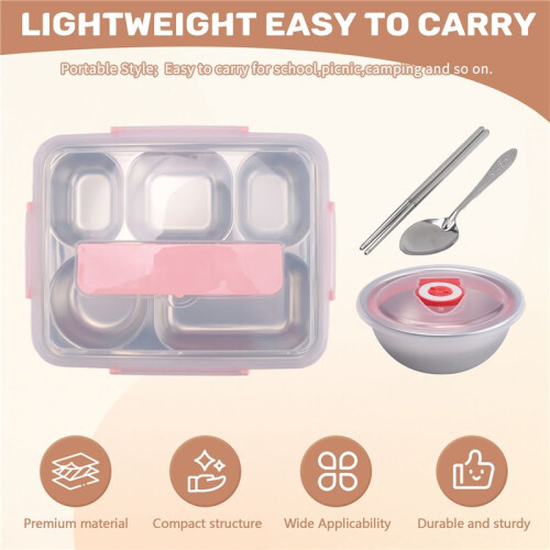 5 Compartments Lunch Box Stainless Steel Leak-Proof Large Bento Boxes Soup Container School Dinnerware() 1
