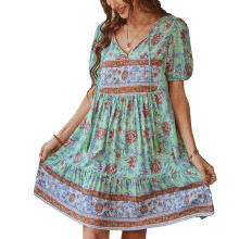 Rochie de vară lejeră pentru femei, rochii midi boeme cu tiv lejer, design casual, mâneci cu volane, decolteu în V, imprimeu floral, confortabil,
