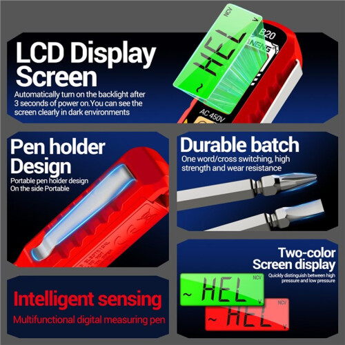 ANENG LCD Digital Voltage Tester Measuring Pen Double-Ended Screwdriver Bits Breakpoint Electrical Induction Test Pen Red 2