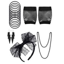 Jaren 80 Verkleedkostuumaccessoires voor Dames - Retro Feestset met Kanten Hoofdband, Oorbellen, Handschoenen, Ketting, Armband