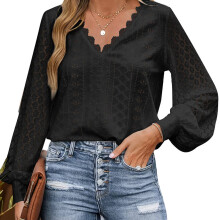 Chemisier flatteur à manches longues pour femme, top à œillets avec col en V et manches bouffantes, style habillé décontracté et élégant,