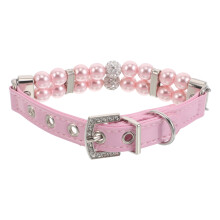 2Pcs Handmade Pink Pearl Beaded Dog Collar Durable Steel Rope Necklace
