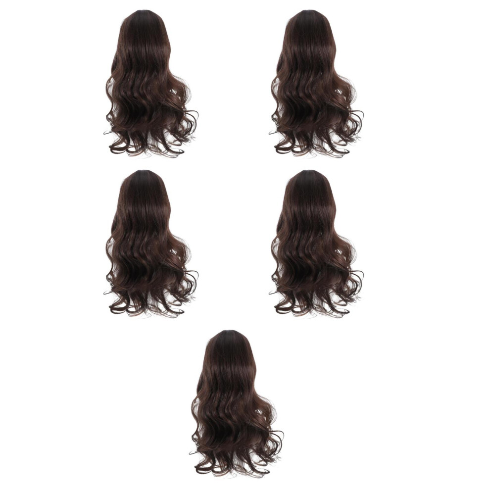 Totority Unisex Brown 5Pcs Synthetic Light Highlight Wig With Bangs Long Wavy