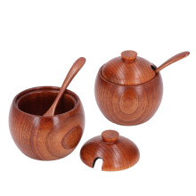 2 Sets Wood Salt Box & Spice Jars with Lid & Spoon, 9x6cm