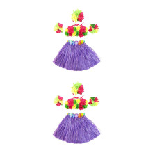 10Pcs Purple Hawaii Grass Skirt Set with Flower Bracelets Headband Bra