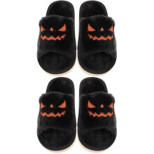 2Pairs Kids Plush Halloween Pumpkin Slippers Black Non-Slip Cozy