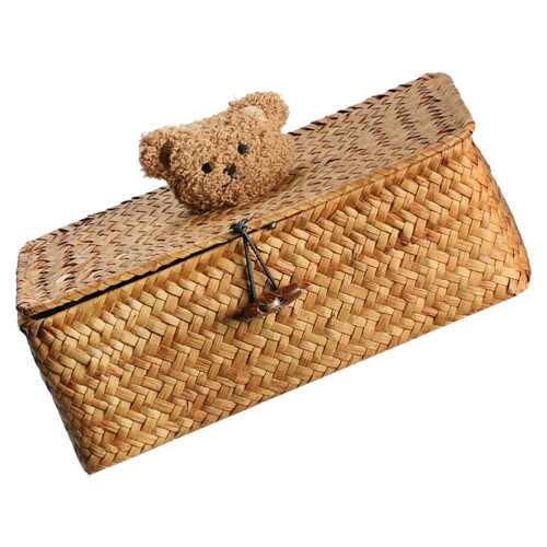 Handmade Khaki Straw Woven Storage Box Lid Bear Design Car Bin