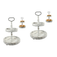 2Sets Light Grey Wood Tiered Tray Stand for Rustic Home Decor