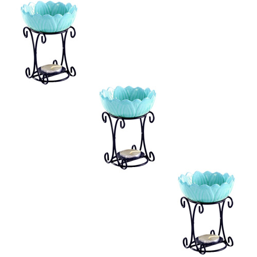 3Pcs Dual-Use Iron Candle Holder with Blue Ceramic Aromatherapy Plate